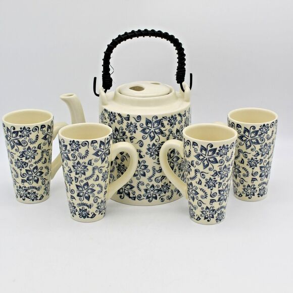 Unbranded Other - Teapot & 4 Tall Cups Blue Floral Tea Set with Loose Tea Filter Vintage Boxed